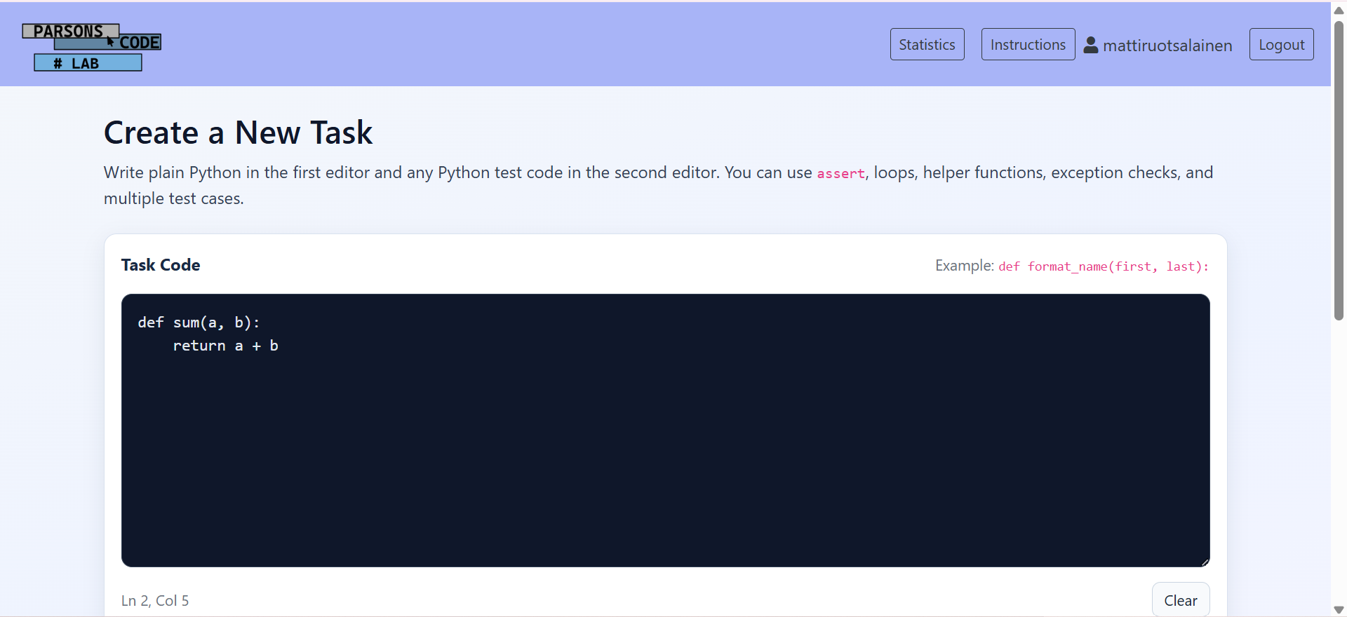 Writing code for new task