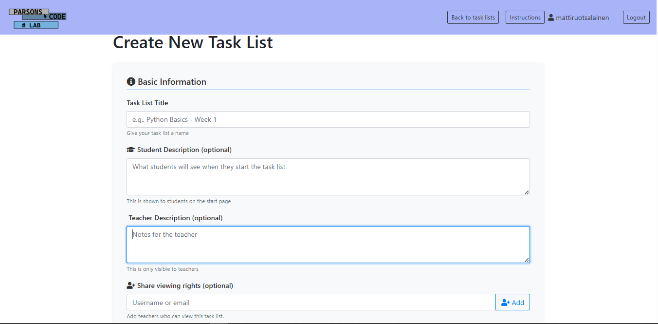 Create New Task Set form part 1