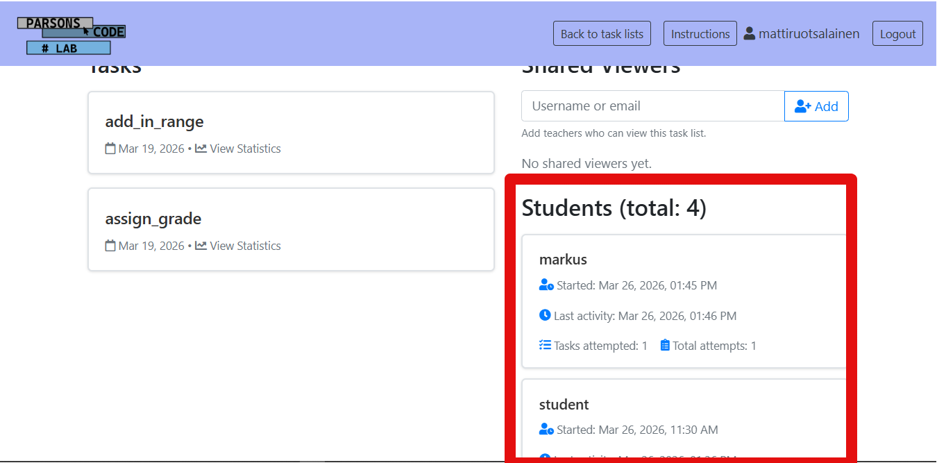 Student blocks on Task Set Page